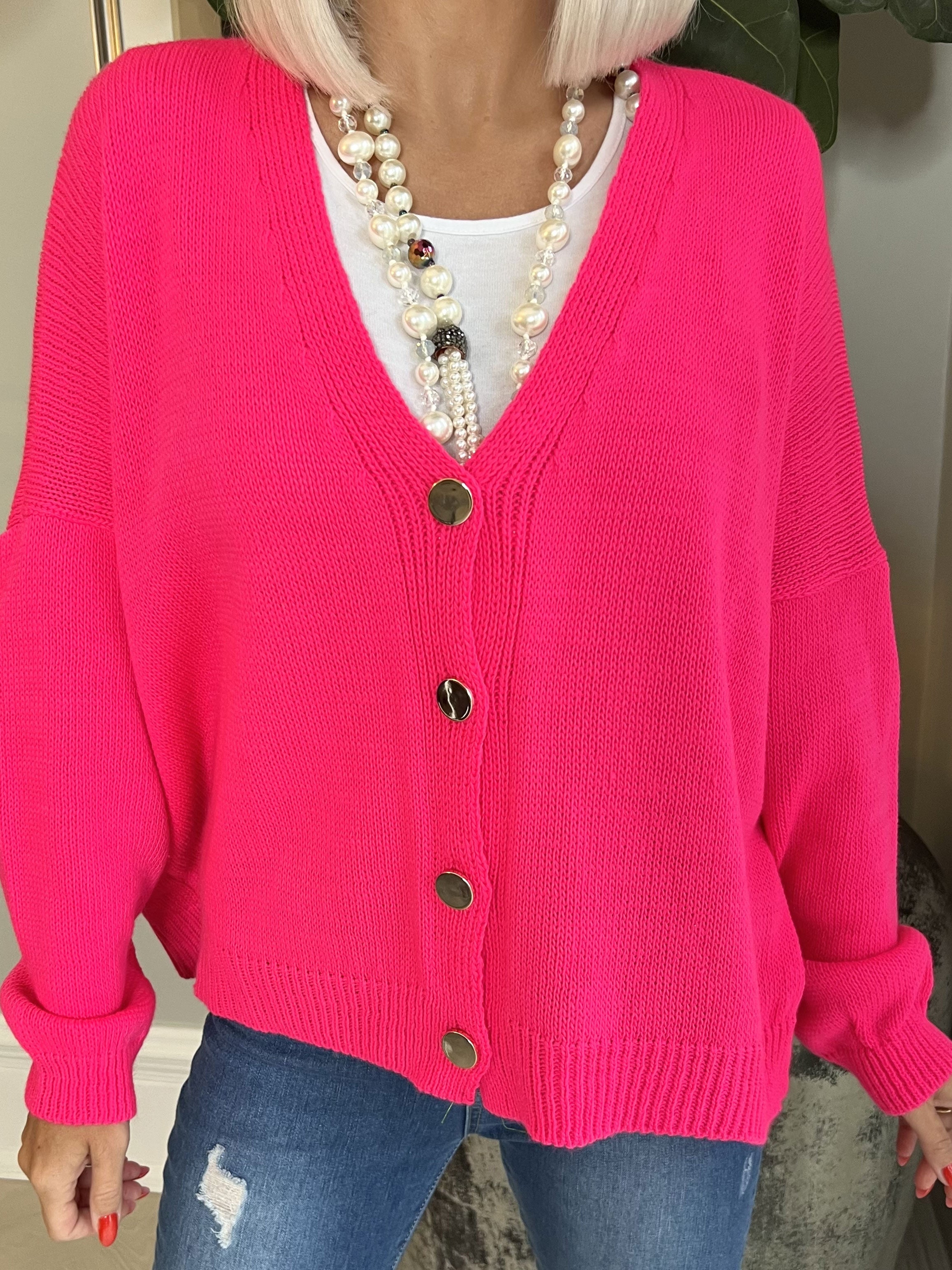 Susana - Kort stickad kofta med glänsande knappar - Blue